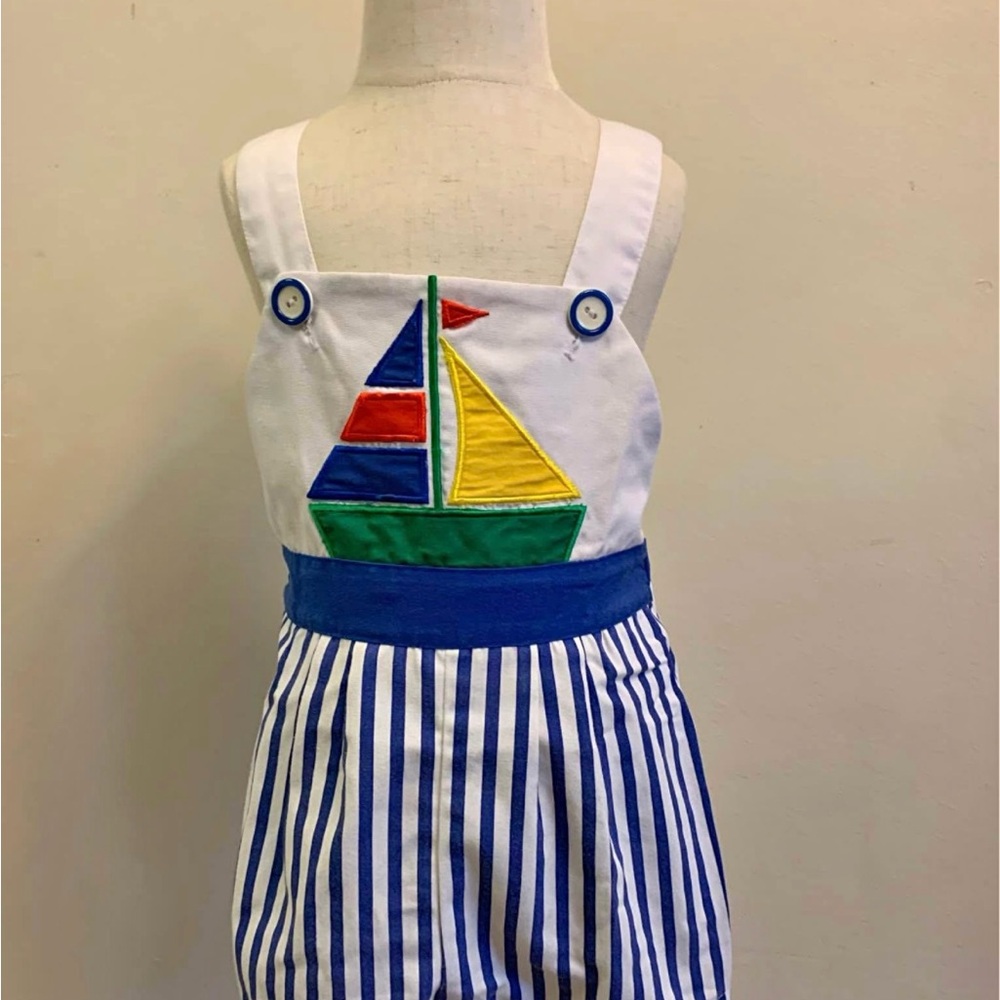 VINTAGE Sailboat Embroidered Striped Overalls SIZE 3T